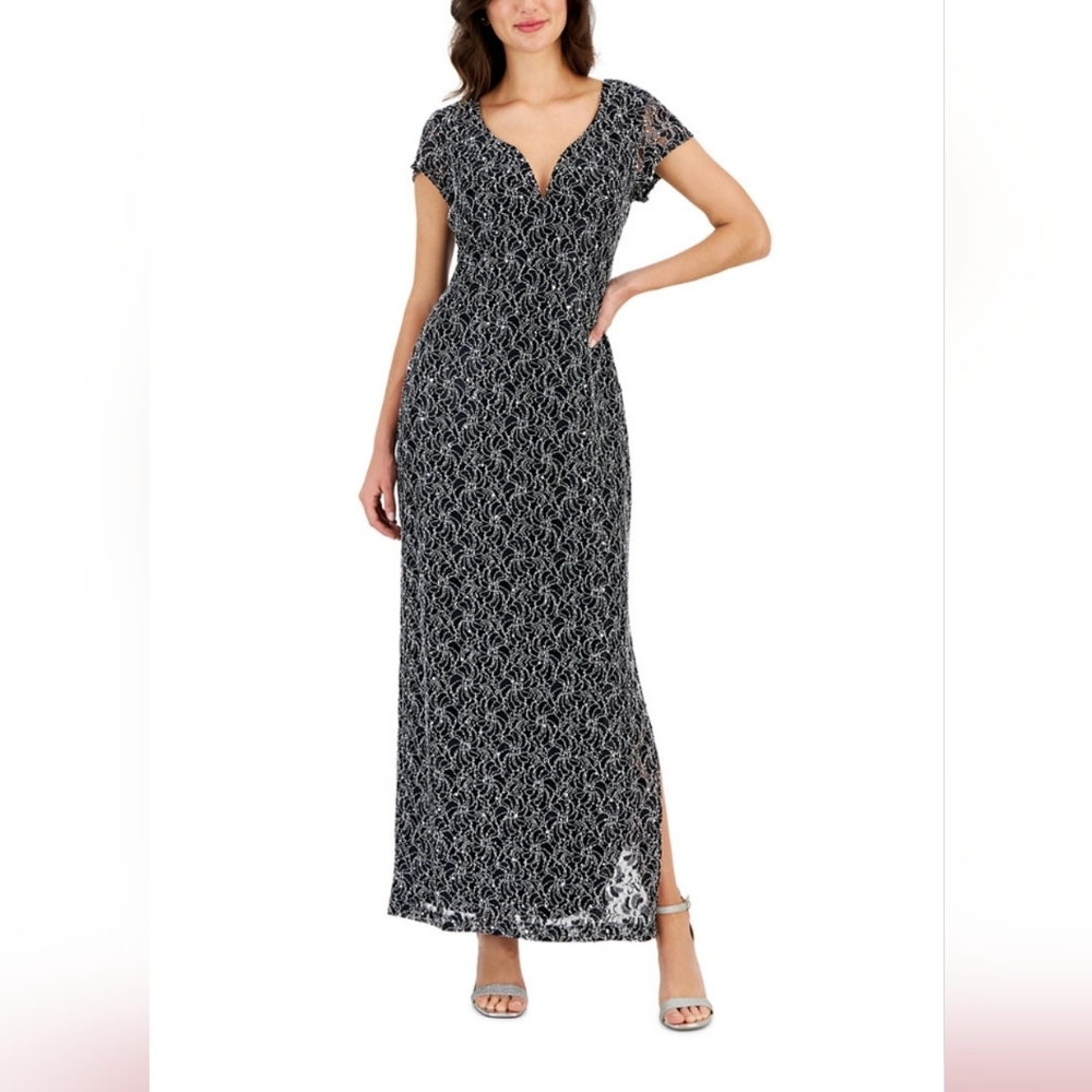 Connected Sequined Lace Black And Silver Maxi Dress